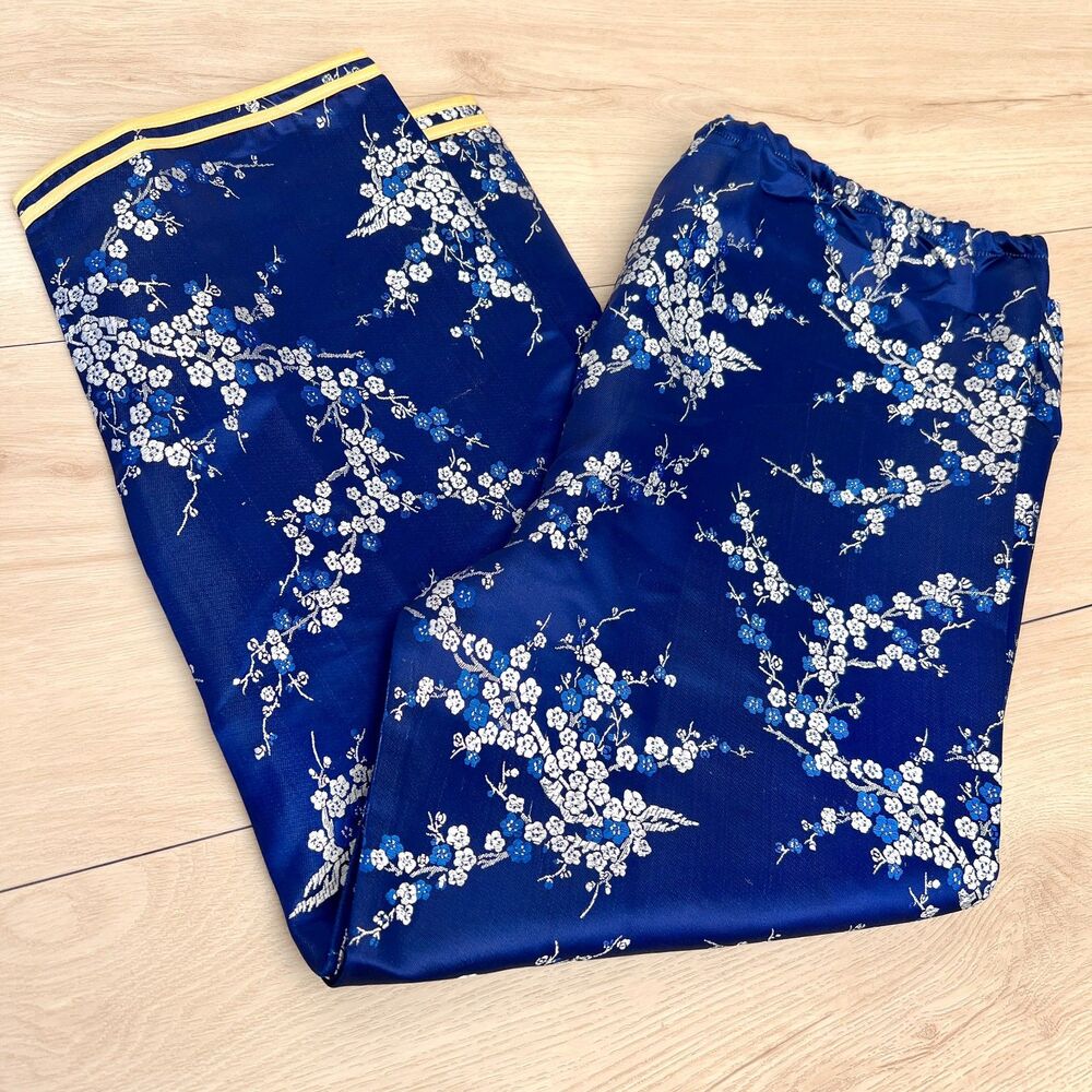 Vintage Chinese Blue Plum Blossom Satin Jacquard Cropped Pajama Pants 34" Waist - Picture 8 of 16